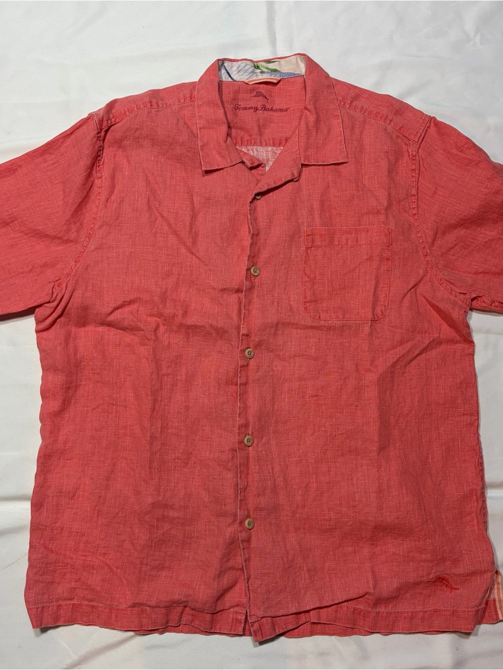 Tommy Bahama Linen Short Sleeve Shirt L Coral Button Front